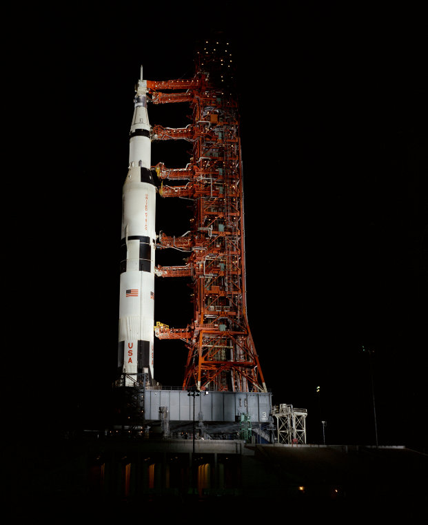 Rocket on launch pad at night